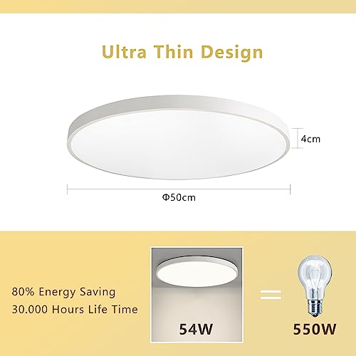 JDONG LED Ceiling Light 54 W Flat Round White Ceiling Light Modern Warm 3000 K Lamp for Bedroom Office Living Room Kitchen Cellar Balcony Diameter 50 cm