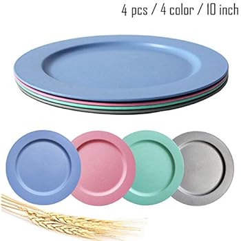10inch/4pcs Dishwasher & Microwave Safe Wheat Straw Plates - Lightweight & Unbreakable,Non-toxin, BPA free and Healthy for Kids Children Toddler & Adult (4color4pcs) (4 pcs)