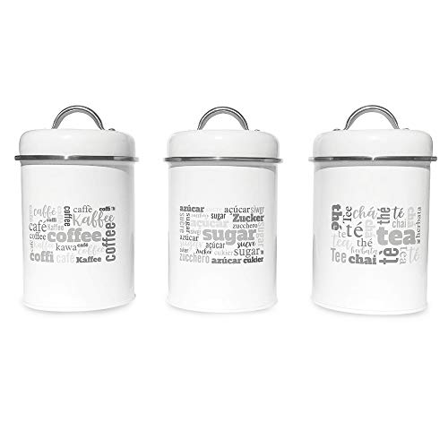 Canister Set in White for Coffee Sugar Tea. 3 Piece Set. Stainless