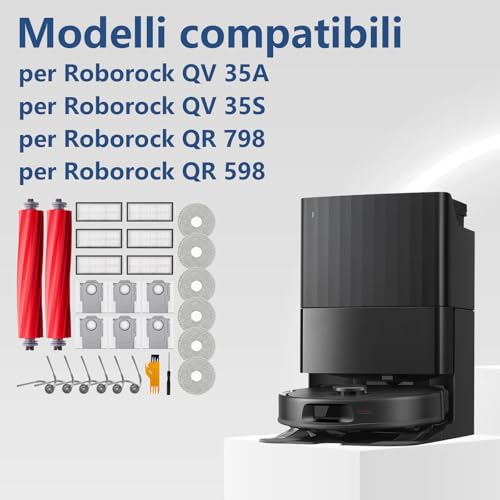 Homruich 28 Pieces Accessories for Roborock QV 35A / QV 35S / QR 798 / QR 598 Robots, 2 Main Brushes, 6 Towels, 6 Filters, 6 Dust Bags, 6 Side Brushes, 2 Cleaning Tools