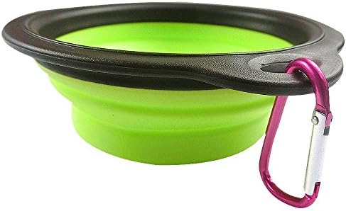 Arlie Pet Silicone Foldable Bowl - Retractable Travel Protable Water Bottle/Dish with a Metal Carabiner, Also Can Used as Flying Disc Toy for Dogs &amp; Cats, Green
