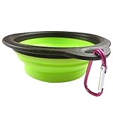 Arlie Pet Silicone Foldable Bowl - Retractable Travel Protable Water Bottle/Dish with a Metal Carabiner, Also Can Used as Flying Disc Toy for Dogs & Cats, Green