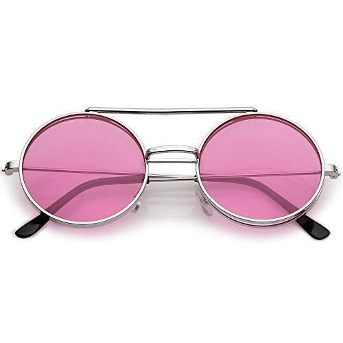 zeroUV - Mid Size Flip-Up Colored Lens Round Django Sunglasses 49mm (Silver / Pink)