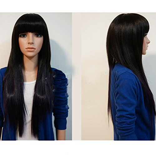 Rise World Wig Women's Fashion 70cm Long Straight Bangs Cosplay Costume Black Heat Friendly Wig