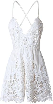 Sorrica Women's Spaghetti Strap Sleeveless V Neck Short Lace Jumpsuit Rompers Playsuit Plus Size