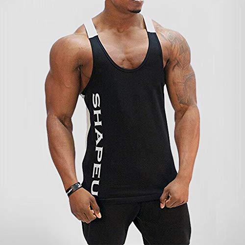 OWMEOT Men's Microfiber Bodybuilding Stringer Tank Top Weight-Training Y-Back Racerback (Black, M)