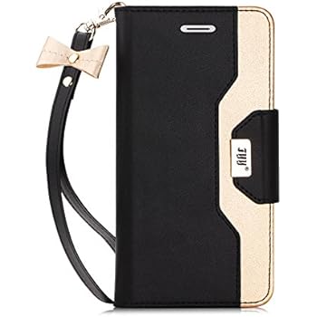 FYY Leather Case with Mirror for iPhone 8/iPhone 7, Leather Wallet Flip Folio Case with Mirror and Wrist Strap for iPhone 8/iPhone 7 Black