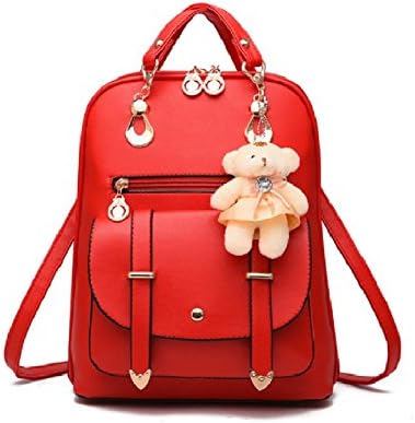 Red Fashion Women Backpack Shoulder Bag With Bear Double Root Zipper PU Leather Preppy Style