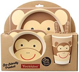 5 PC SET - Super Cute Animal Theme Kids Dinnerware Set - Eco-Friendly Bamboo - BPA Free (Multiple Designs) (Monkey)