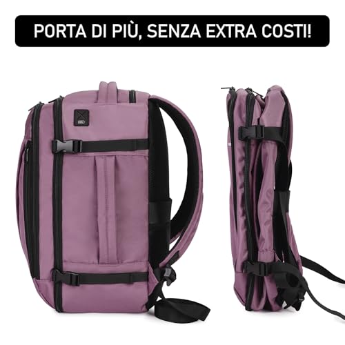 ECOHUB Ryanair Travel Backpack 40 x 20 x 25 cm 13 Pockets Hand Luggage Under the Seat Handle Eco Friendly Airplane Bag in Recycled PET 20 Litres, Patented (Pink)