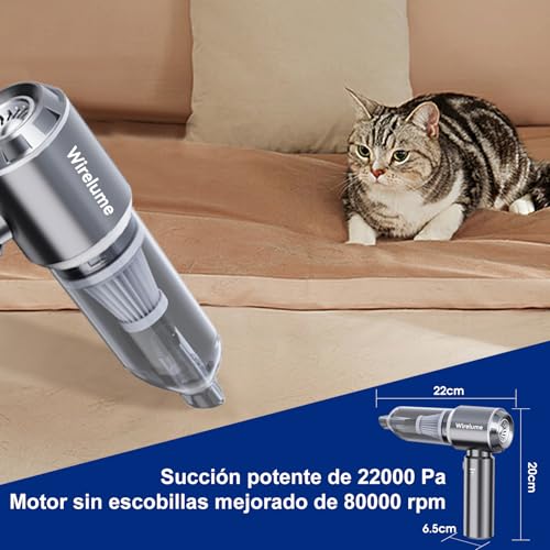 Wirelume Handheld Vacuum Cleaner for Car Cordless Powerful 22000 Pa Cyclonic Suction Strong Motor Mini Small Table Brushless Portable Rechargeable Lightweight for Pet Hair, Vehicle, Home