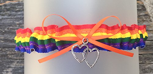 SEXY Orange Rainbow Wedding Tossing Demi Bridal Garter - Double heart Charm