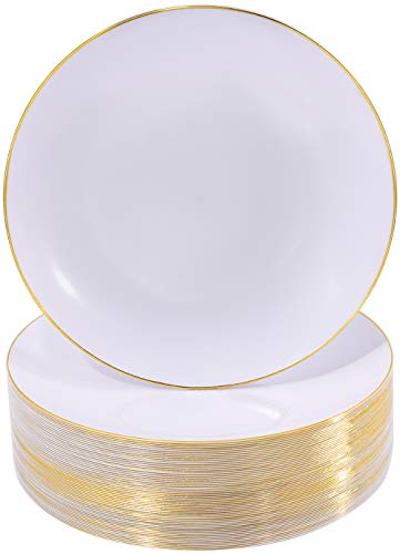 NERVURE 100 Pieces White with Gold Rim Plastic Plates- 10.25inch Gold Rim Disposable Plates-Ideal for Wedding & Parties