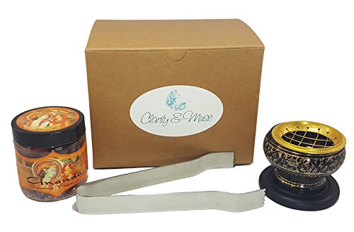 Clarity & Muse Resin Incense Burner Bundle in Kraft Giftbox - Small Decorated Brass Charcoal Screen Incense Burner with Coaster, 6