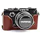 BolinUS Handmade Genuine Real Leather Half Camera Case Bag Cover for Olympus PEN-F Bottom Opening Version + Hand Strap - Black