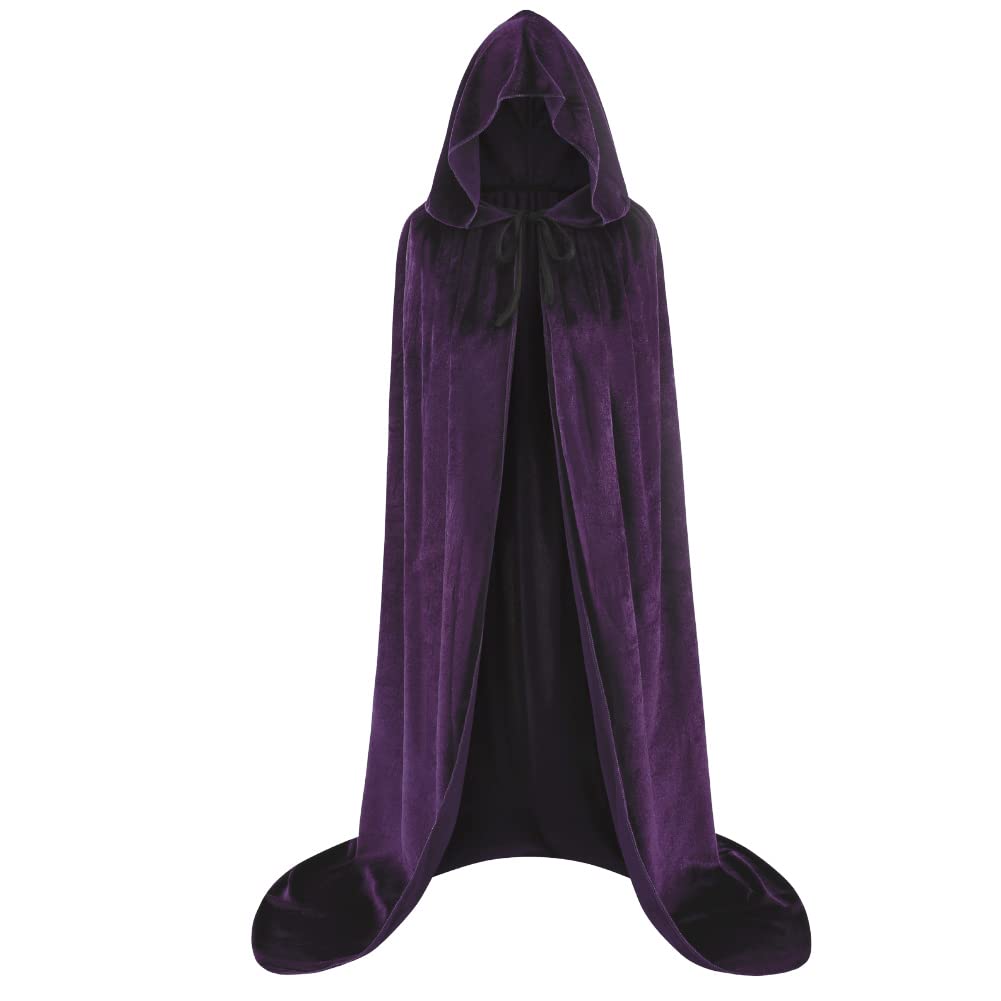 HAPNBCELE Unisex Velvet Cape Hooded Cloak, Halloween Christmas Costume Medieval Masquerade Wizard Vampire Party Fancy Dress (Purple, 51.18"/130cm)