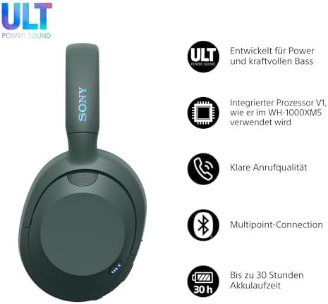 ULT WEAR - Kabellose Kopfhörer mit Noise Cancelling, ULT Power Sound, ultimativer Deep Bass, selbem Prozessor wie WH-1000XM5, klare Anrufe, 30 Stunden Akkulaufzeit, iOS und Android - Forest-Gray