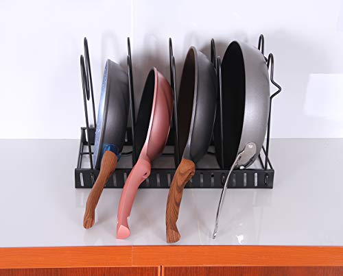 Felibeaco Adjustable Pot and Pan Lids Organizer Rack, Bakeware Cookware and Cutting boards Holder Storage Rack for Kitchen, Cabinet, Countertop and Pantry,Metal,Black