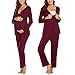 Maternity Nursing Pajama Set,Crytech Soft Comfy Solid Long Sleeve V Neck Wrap T-Shirt Top for Breastfeeding Casual Loose Striped Pants Sleepwear Nightgown Pjs Set for Preganct Women (X-Large, Wine)thumb 2