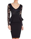 WOOSEA Women's V Neck Long Lace Sleeves Peplum Midi Cocktail Party Dress (X-Large, Black)