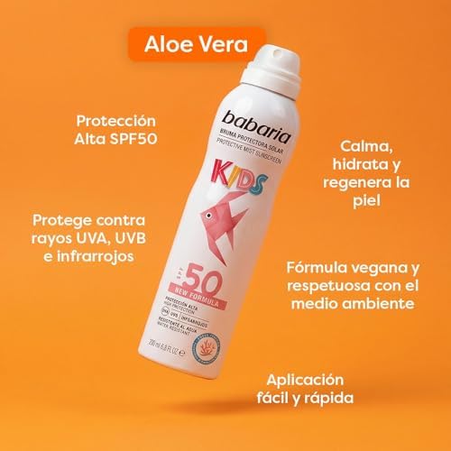 - Névoa de protetor solar infantil SPF50 UVA-UVB e infravermelho, propriedades hidratantes, contém aloe vera, à prova de água, vegan, unissex - 200 ml