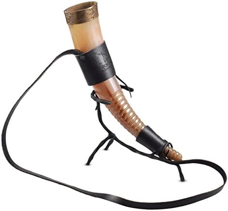 Viking Drinking Horn – Spiral Art Design - 18oz Medieval Natural Handcrafted Horn with Leather Holder and Iron Stand by Nordic Dinkware