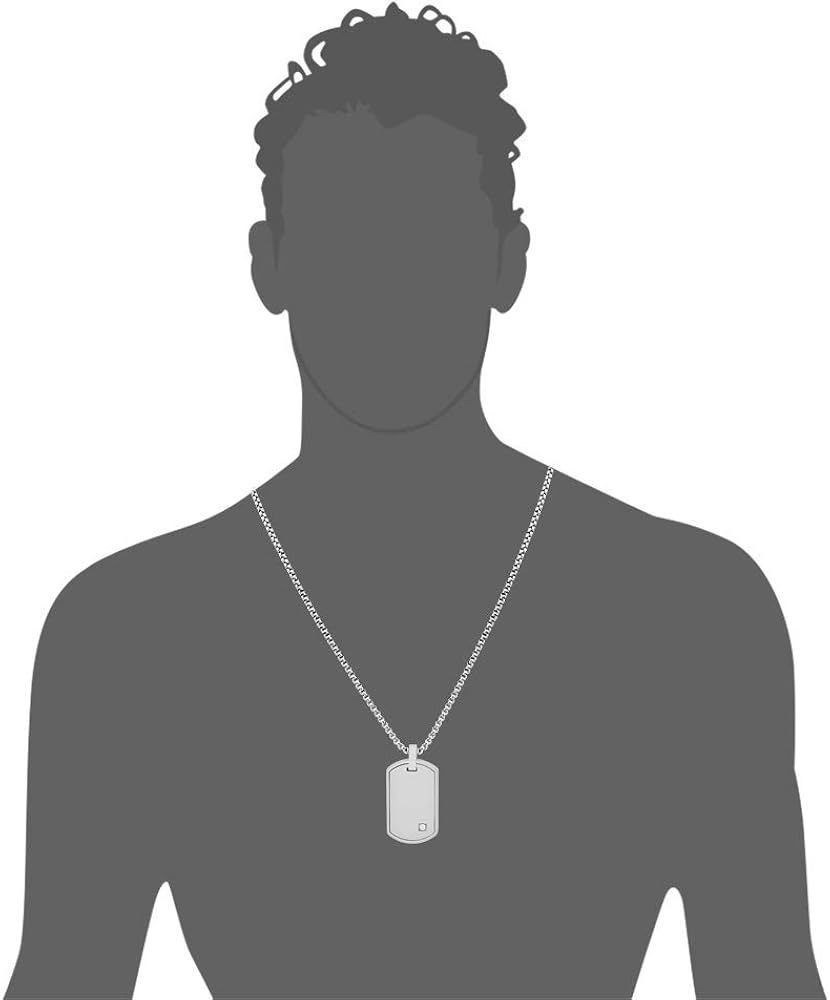 Geoffrey Beene Men's Stainless Steel Engraveable Dog Tag Pendant Box Chain Necklace with Cubic Zirconia Stone (Silver) | 