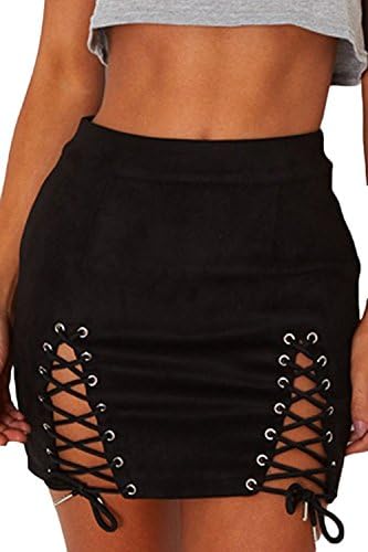 Women's High Waist Lace Up Bodycon Faux Suede Split Tight Mini Skirt