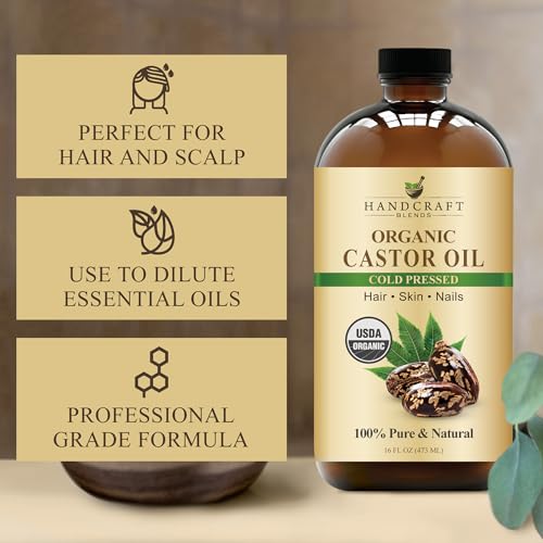 Handcraft Blends Cold-Pressed Organic Castor Oil 16 Fl Oz | Glass Bottle | 100% Pure and Natural | Premium Grade Carrier Oil | Hair, Eyelashes and Eyebrows | Hair and Body