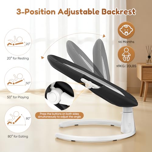 Dossier Réglable Transat Bébé Electrique, Balancelle Bébé Avec Coussin Amovible et Table D'appoint, Balançoire pour Baby avec 3 Minuteries et 5 Vitesses, 12 Mélodies, 3 Options D'alimentation (Noir)