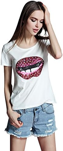 Qiaonier Womens Slim Glitter Color Big lips Short Sleeved Simple T-Shirt (M, White)