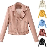 eujwtunxm 2019 Womens Autumn Winter Coats Lady Leather Long Sleeve Lapel Zipper Button Pocket Motorcycle Jacket Short Coat - Yellow M