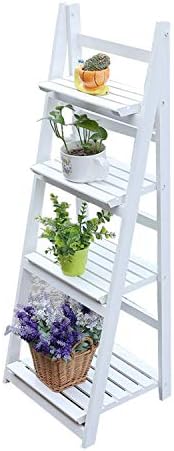 Hehilark 3/4- Tier Ladder Bookshelf Solid Wood Folding Flower Display Stand for Bookcase Leaning Plant Storage Rack (White, 4-Tier)