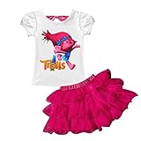 AOVCLKID Trolls Little Girls' 2Pcs Suit Cartoon Shirt and Skirt Set (Rose,110/3-4Y)
