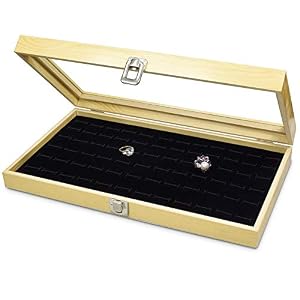 Mooca-Wood-Glass-Top-Jewelry-Display-Case-Wooden-Jewelry-Tray-for-Collectibles-Home-Organization-Storage-Box-with-72-Slot-Compartments-Black-Ring-Tray-Natural-Wood-Color