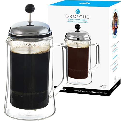 GROSCHE Stanford Double Walled Glass French Press Coffee Maker 34 fl oz, 1000 ml, 8 demitasse cup In GROSCHE Stanford Double Walled Glass French Press Coffee Maker 34 fl oz, 1000 ml, 8 demitasse cup In