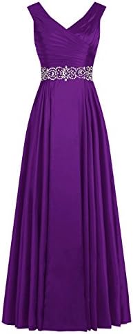 Tideclothes ALAGIRLS Long V Neck Prom Dress Pleats Satin Beading Evening Gowns Dark Purple US26Plus