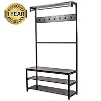 Gelinzon Industrial Coat Rack, Shoe Bench, Vintage Shoe Coat Rack, Hall Tree Entryway ShelfWood Look Accent Furniture with Metal Frame, 3 in 1 Design, Easy Assembly, Black