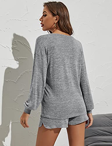 ZHENWEI Women Long Sleeve Sweatsuit Sets Knit Tracksuit 2 Piece Casual Outfit Sets Henley Neck Pajamas Set Lounge Sets with Pockets Light Gray S