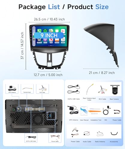 【8 Core 6+128G】 for Peugeot 207 2005-2015 Car Radio with Wireless CarPlay Android Auto, 9 Inch IPS Touch Screen with FM/RDS Radio, GPS, Bluetooth 5.0, Rear View Camera for Peugeot 207