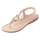 Fashion Brand Best Show Women's Summer Style Elastic T-strap Bohemia Beaded Owl Flat Sandals (8 B(M) US, Beige)