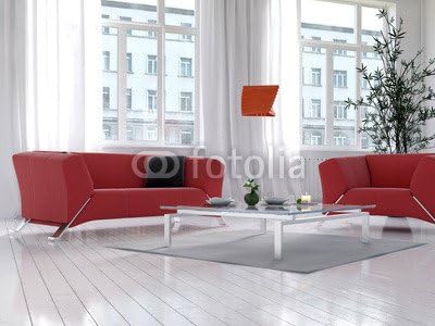 Sunny Light Living Room Interior with Red Couch and Floor Lamp (63298921), Poster, 30 x 20 cm