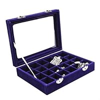 Pasutewel Earring Storage Case 24 Compartments Ring Velvet Display Case Box Earring Ring Organizer Velvet Jewelry Tray Cufflink Storage Showcase with Clear Glass Lid Blue