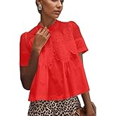 MISSACTIVER Women Lace Trim Short Sleeve Blouse Swing Crew Neck Ruffle Hem Mesh Shirts Summer Loose Poplin Babydoll Tops