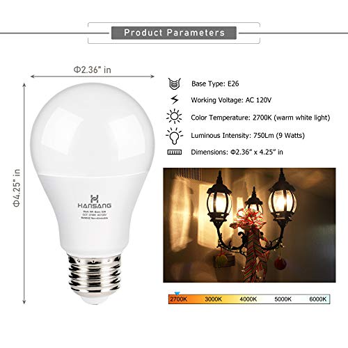 A19 LED Dusk to Dawn Light Bulb,Hansang Sensor Light Bulbs with Photocell,2700K Warm White,9W (60W Equivalent),E26 Medium Base,Outdoor Light Bulb for Porch,Patio,Hallway,Auto On/Off,750LM,2 Pack