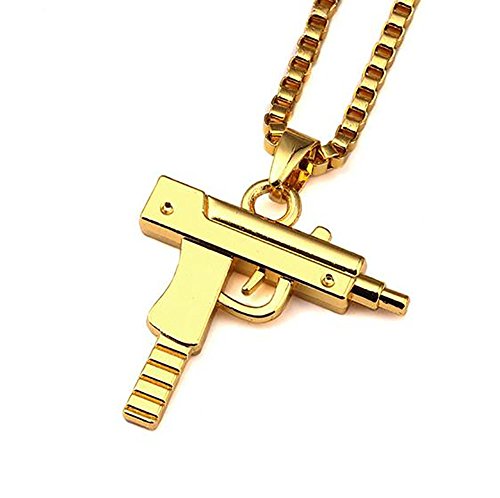 Meiligo Fashion Womens Mens Zinc Alloy Hip-hop Machine Gun Necklace Hand Gun Pistol Pendant (Gold)