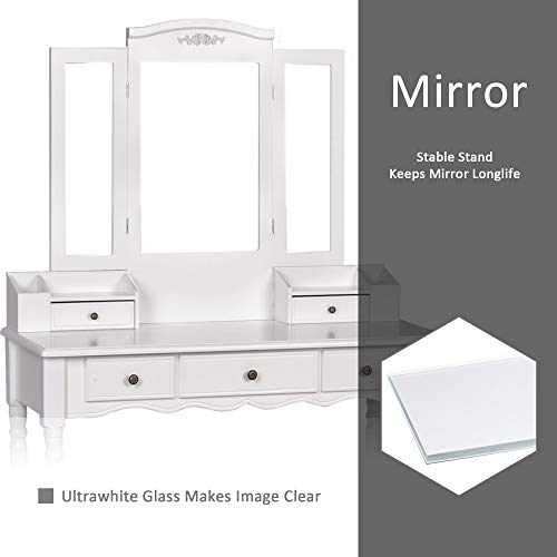 Vanity Stool Set,Make Up Table with 5 Drawers,Tri-Folding 3 Mirrors,Cushioned Stool Easy Assemble White - Thumbnail 4