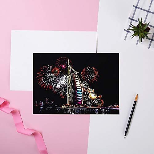 Scratch & Sketch Art Paper(A4) for Kids & Adults, Rainbow Painting Night View Scratchboard, Art&Craft, Engraving Art Set: 4 Sheets Scratch Cards & Scratch Drawing Pen, Clean Brush (Colorful Fireworks)