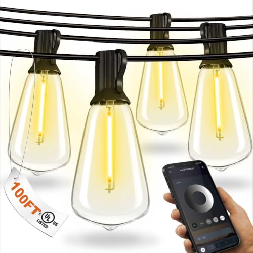 DREAMLAND 100FT Smart LED Outdoor String Lights, Remote Control Waterproof Patio Lights with Shatterproof ST38 Bulbs, Dimmable Outside Hanging Light for, Backyard, Garden, Porch, Bristo