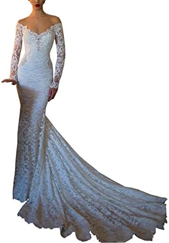 Qunvian Off The Shoulder Long Sleeve Mermaid Weeding Dresses Backless Lace Bridal Gowns